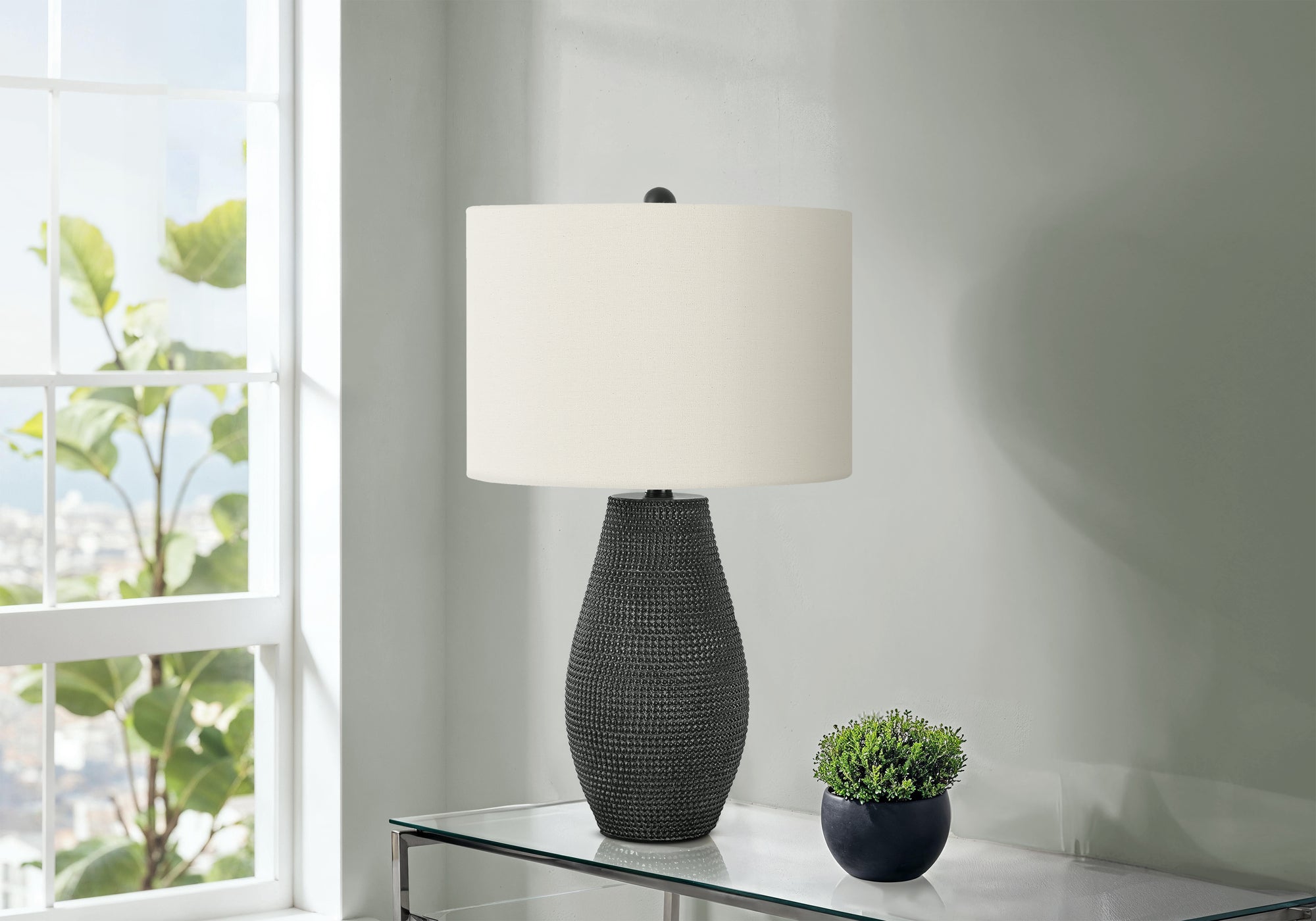24"H Table Lamp Grey Resin Base Ivory Shade-Lighting-DECOROLALA
