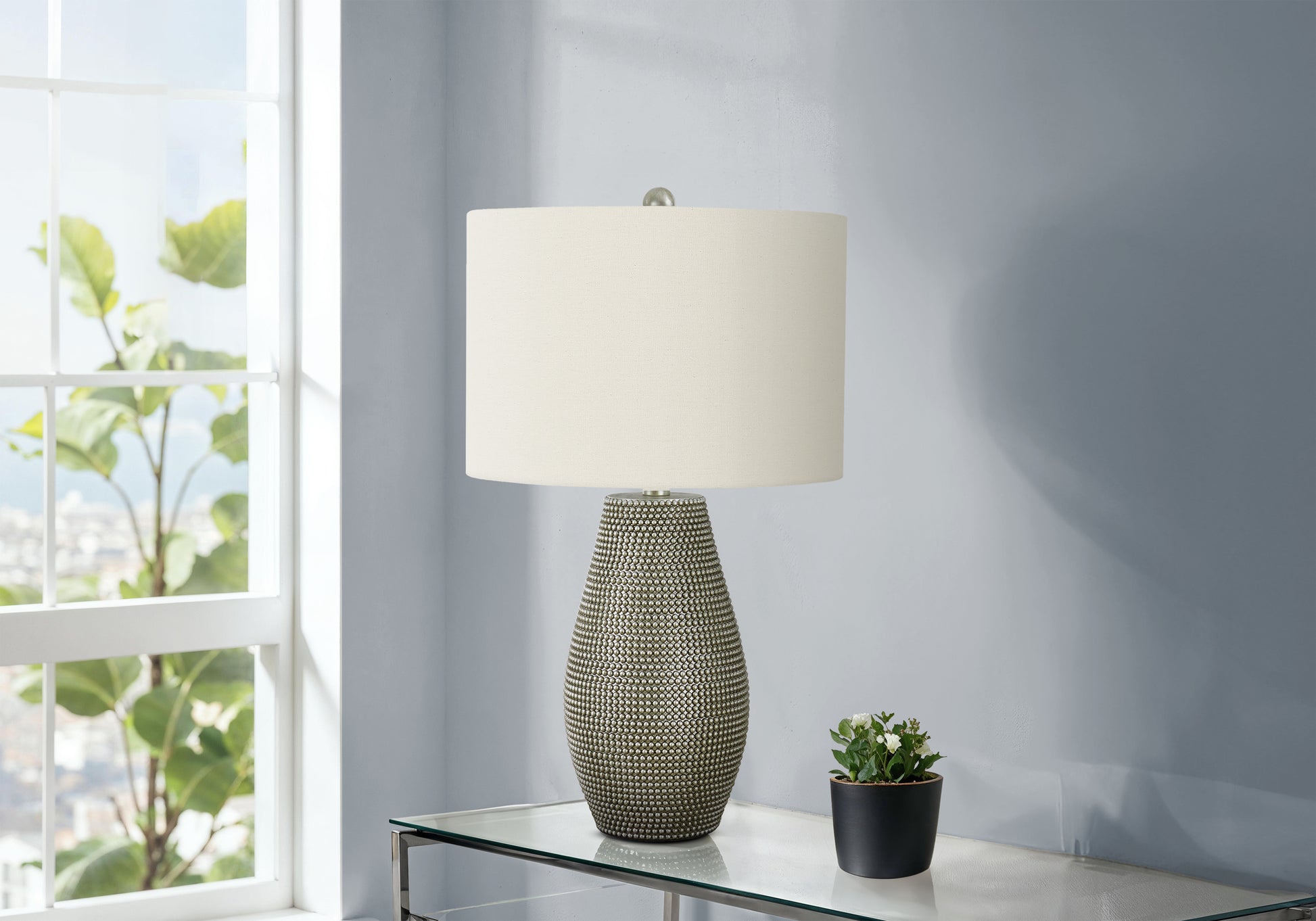 24"H Table Lamp Grey Resin Base Ivory Shade-Lighting-DECOROLALA