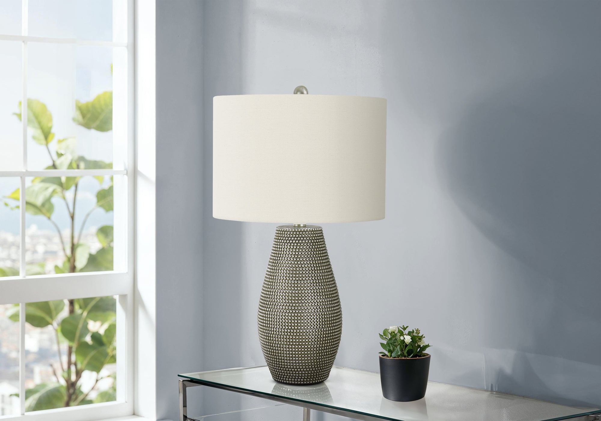 24"H Table Lamp Grey Resin Base Ivory Shade-Lighting-DECOROLALA