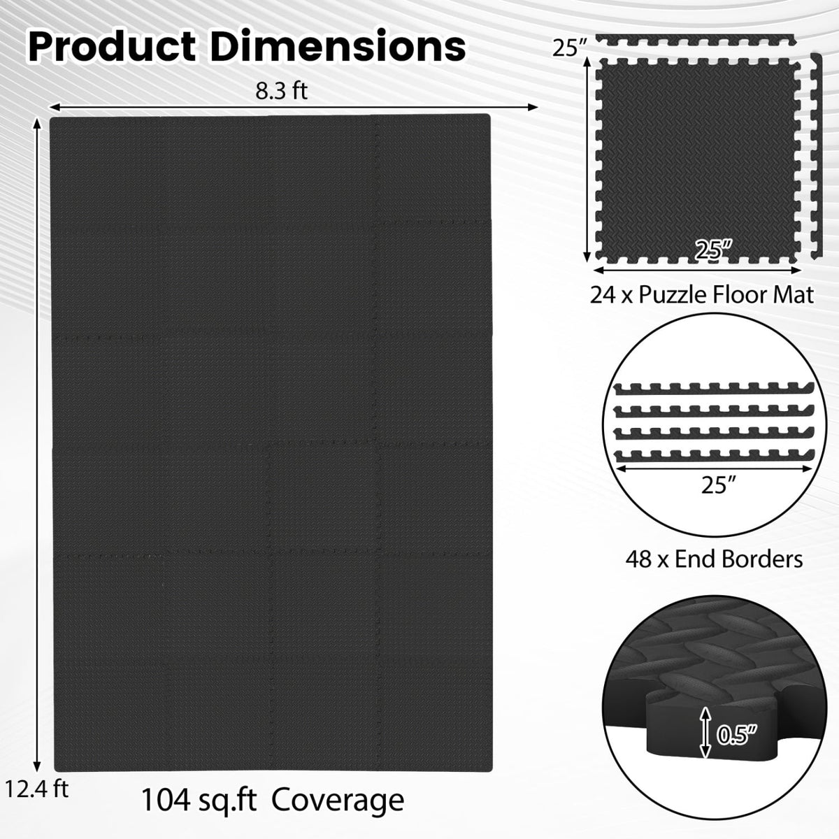 24Tiles 1/2" Puzzle Exercise Floor Mats-Black-Yoga Accessories-DECOROLALA