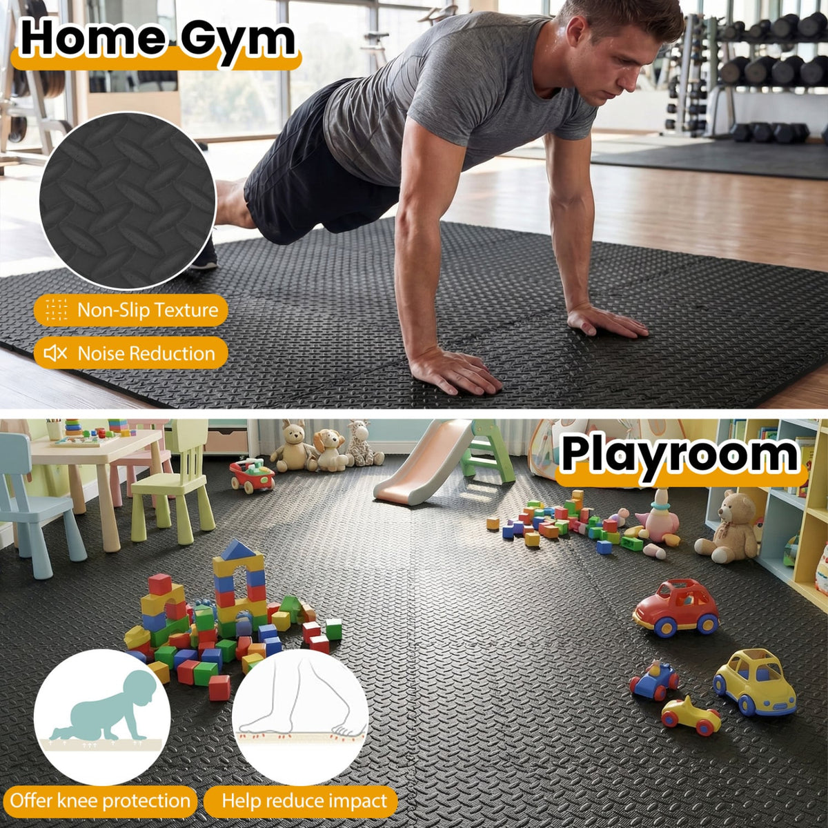 24Tiles 1/2" Puzzle Exercise Floor Mats-Black-Yoga Accessories-DECOROLALA