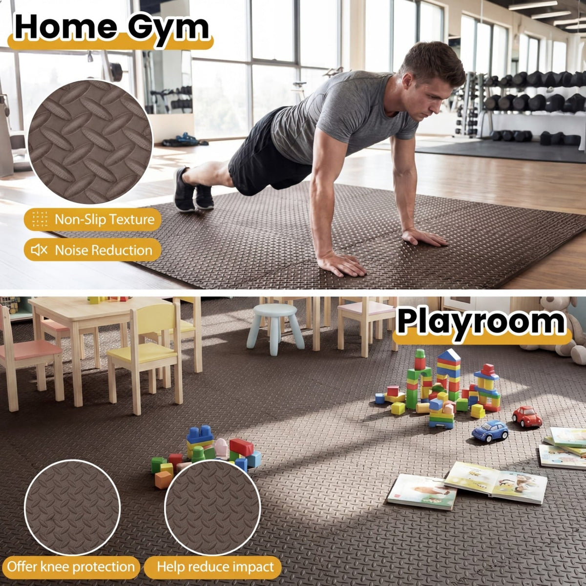 24Tiles 1/2" Puzzle Exercise Floor Mats-Brown-Yoga Accessories-DECOROLALA