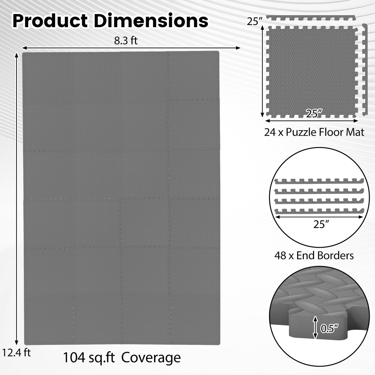 24Tiles 1/2" Puzzle Exercise Floor Mats-Gray-Yoga Accessories-DECOROLALA