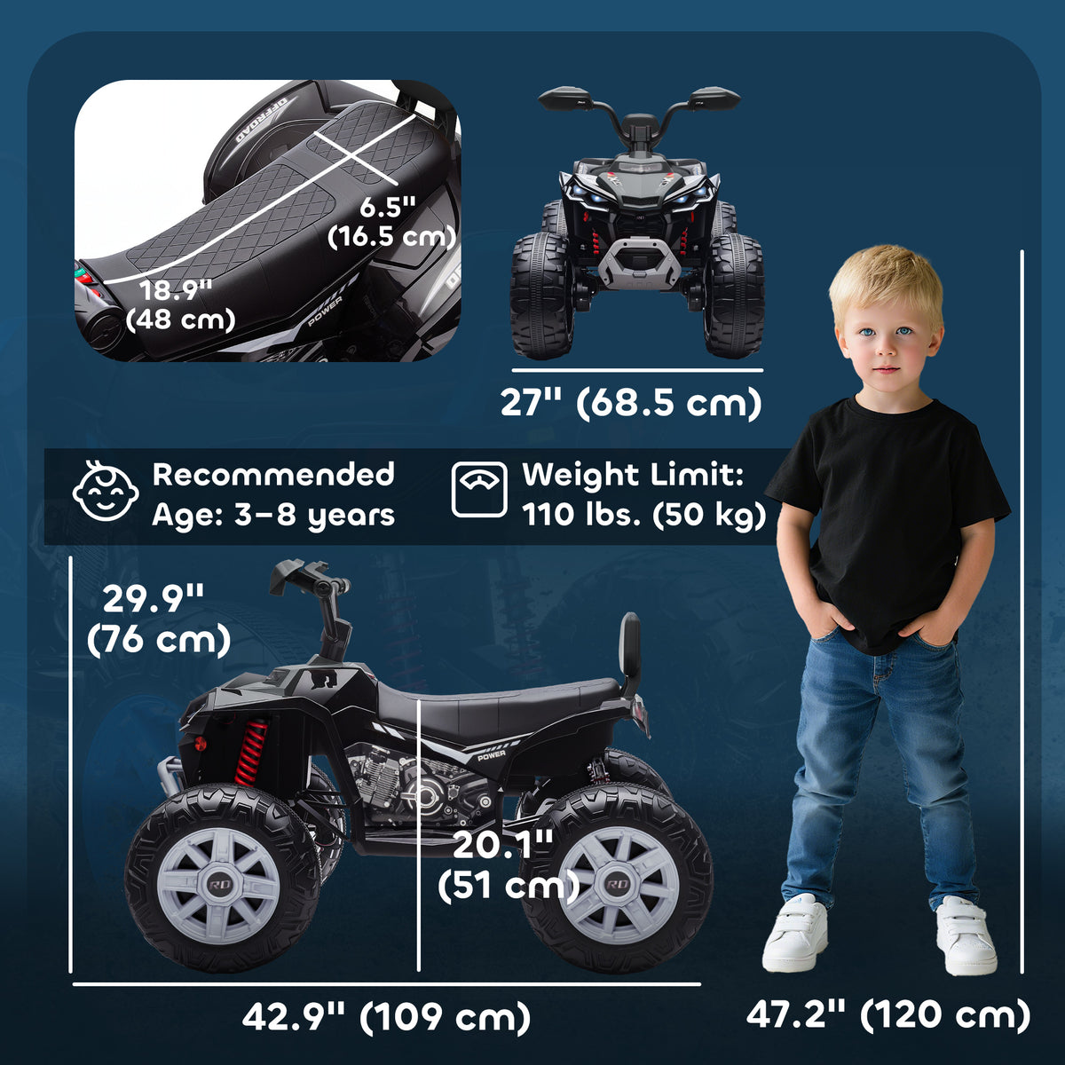 2-Seater All-Terrain 4 Wheeler, 24V Kids ATV Ride-On, Electric Quad Car with Dual Motor, for Boys and Girls-Toys & Games > Baby & Toddler Toys > Electric Ride-On Toys > Electric Toy Cars-DECOROLALA
