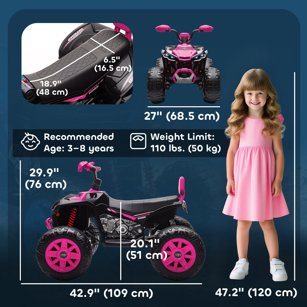 2-Seater All-Terrain 4 Wheeler, 24V Kids ATV Ride-On, Electric Quad Car with Dual Motor, for Boys and Girls-Toys & Games > Baby & Toddler Toys > Electric Ride-On Toys > Electric Toy Cars-DECOROLALA