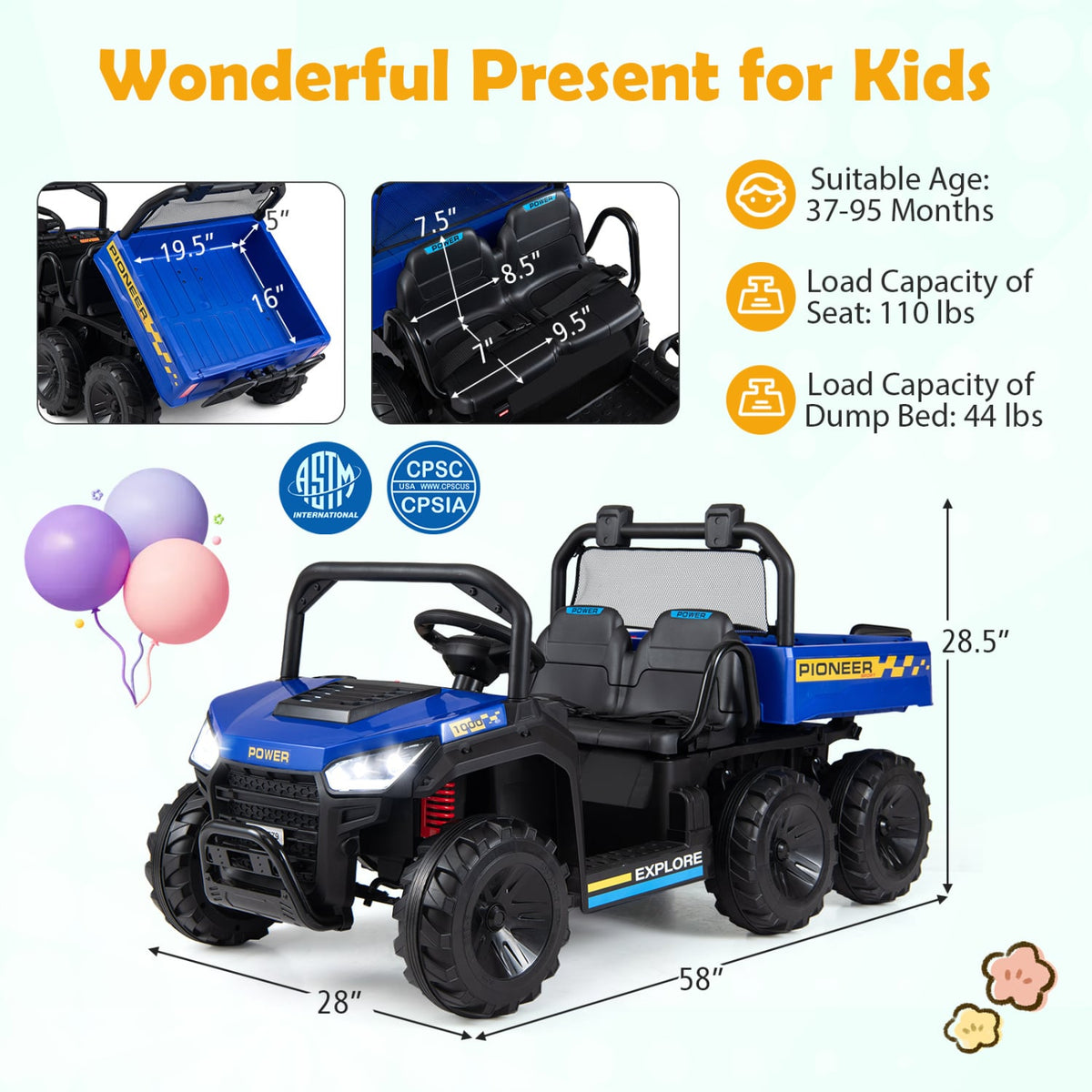 24V 2-Seater Kids Ride On Dump Truck, 4WD with Electric Dump Bed