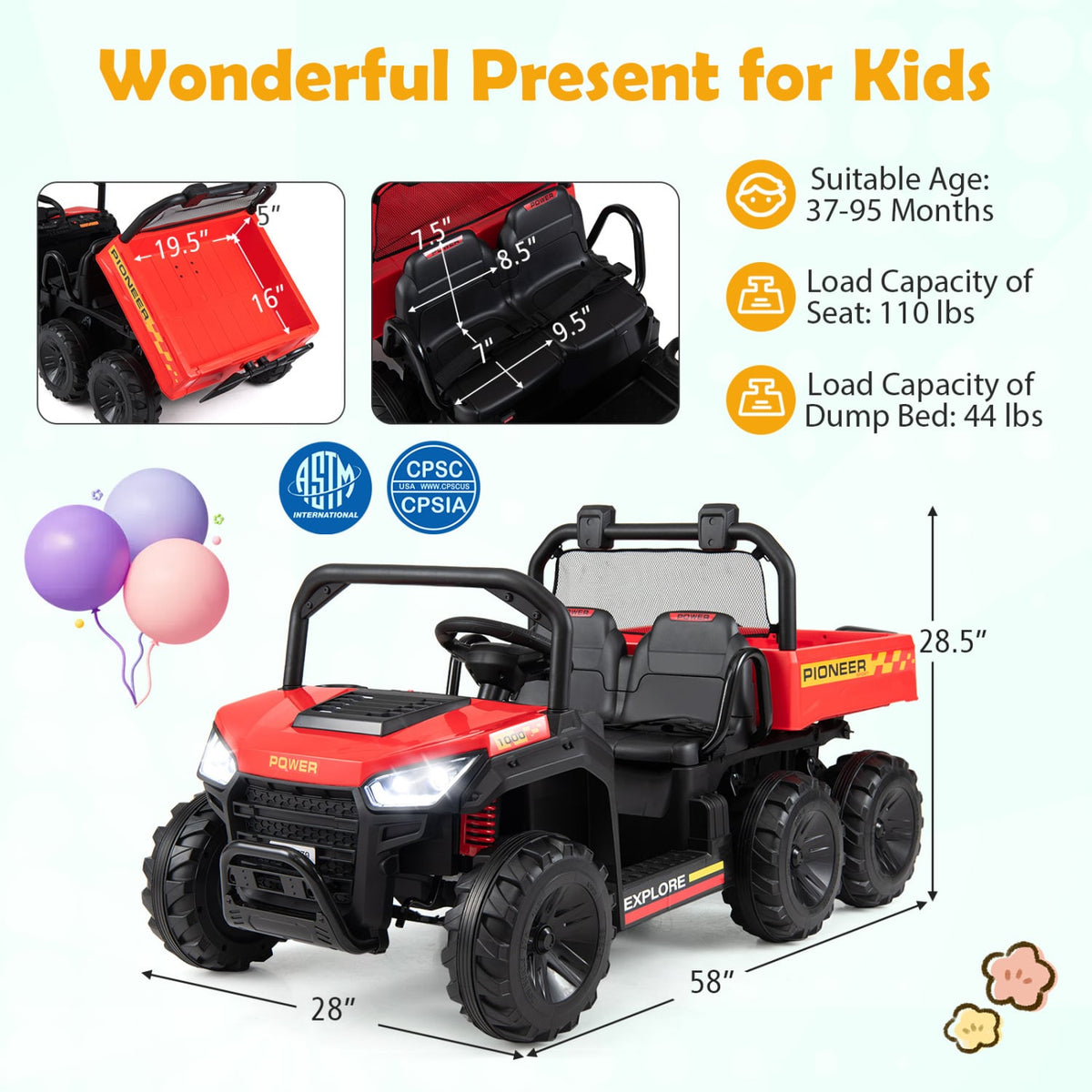 24V 2-Seater Kids Ride On Dump Truck, 4WD with Electric Dump Bed