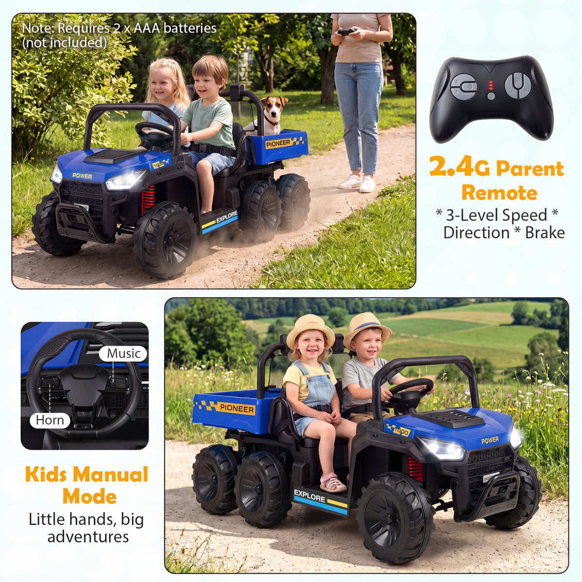 24V 2-Seater Kids Ride On Dump Truck, 4WD with Electric Dump Bed