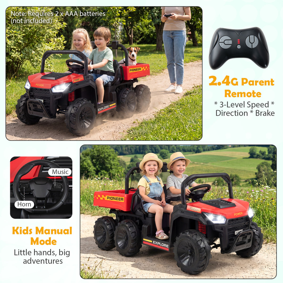 24V 2-Seater Kids Ride On Dump Truck, 4WD with Electric Dump Bed