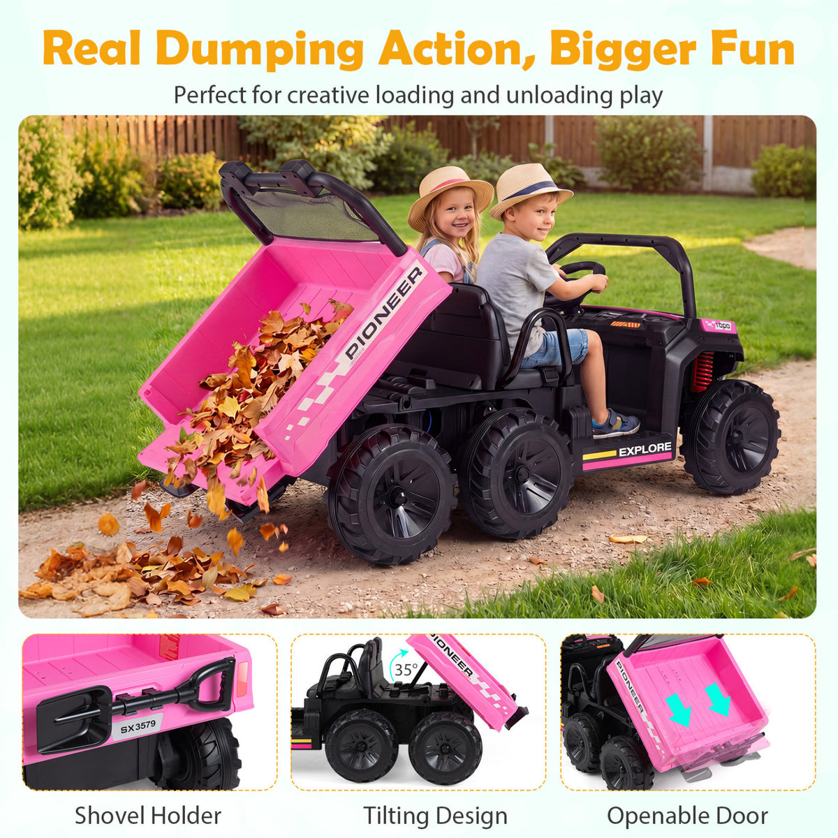 24V 2-Seater Kids Ride On Dump Truck, 4WD with Electric Dump Bed