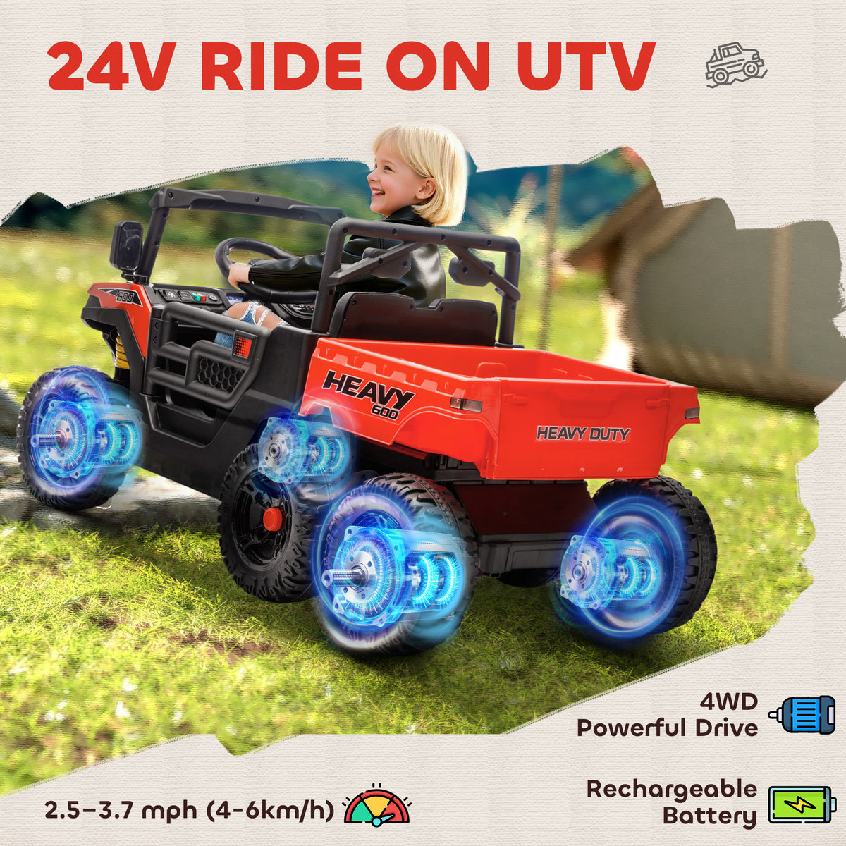 24V 4WD Kids Ride On Truck with 6 Wheels Electric Ride On Car with Remote, Dump Bed for 3-8 Years-Toys & Games > Baby & Toddler Toys > Electric Ride-On Toys > Electric Toy Cars-DECOROLALA