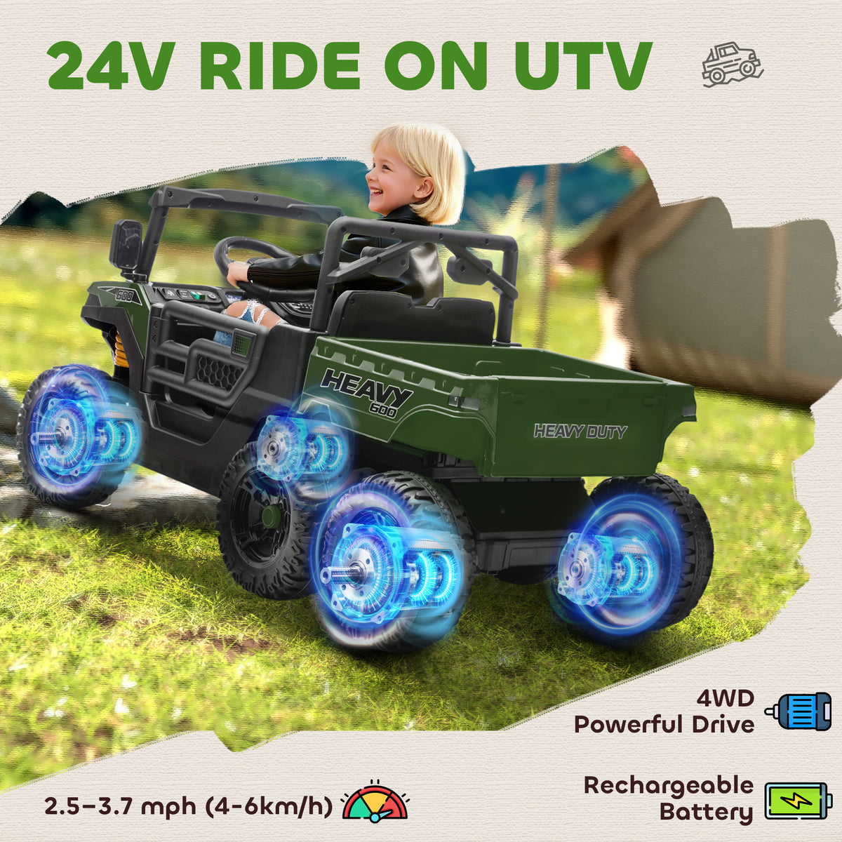 24V 4WD Kids Ride On Truck with 6 Wheels Electric Ride On Car with Remote, Dump Bed for 3-8 Years-Toys & Games > Baby & Toddler Toys > Electric Ride-On Toys > Electric Toy Cars-DECOROLALA