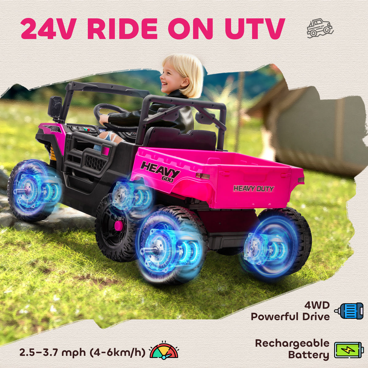 24V 4WD Kids Ride On Truck with 6 Wheels Electric Ride On Car with Remote, Dump Bed for 3-8 Years-Toys & Games > Baby & Toddler Toys > Electric Ride-On Toys > Electric Toy Cars-DECOROLALA