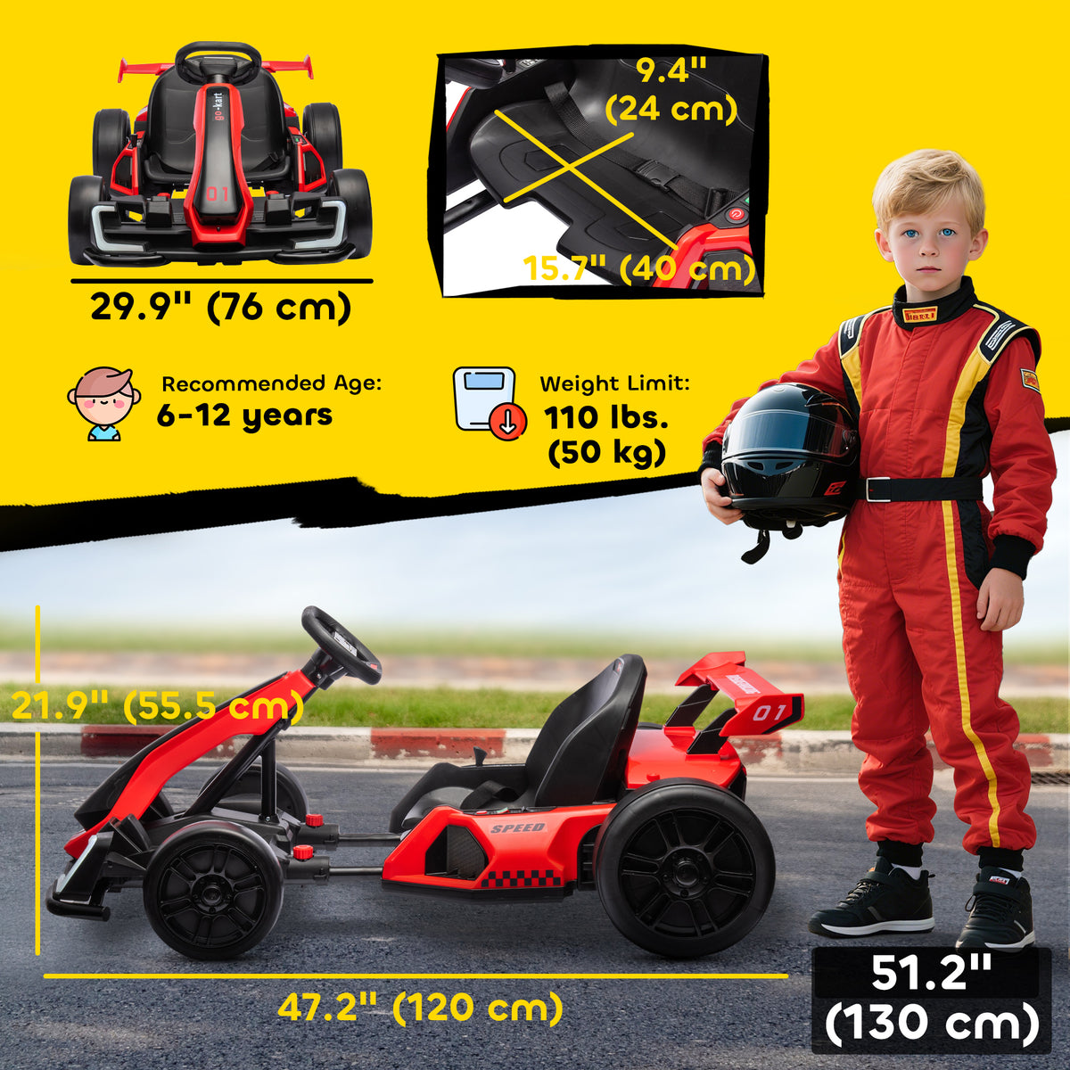24V Electric Go Kart, Battery Powered Kids Drift Kart with Adjustable Seat, Seat Belt, Horn, Music, Light, Red-Toys & Games > Baby & Toddler Toys > Riding & Rocking Toys > Pedal Go Karts for Kids-DECOROLALA