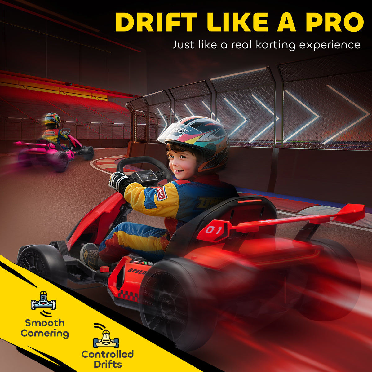 24V Electric Go Kart, Battery Powered Kids Drift Kart with Adjustable Seat, Seat Belt, Horn, Music, Light, Red-Toys & Games > Baby & Toddler Toys > Riding & Rocking Toys > Pedal Go Karts for Kids-DECOROLALA