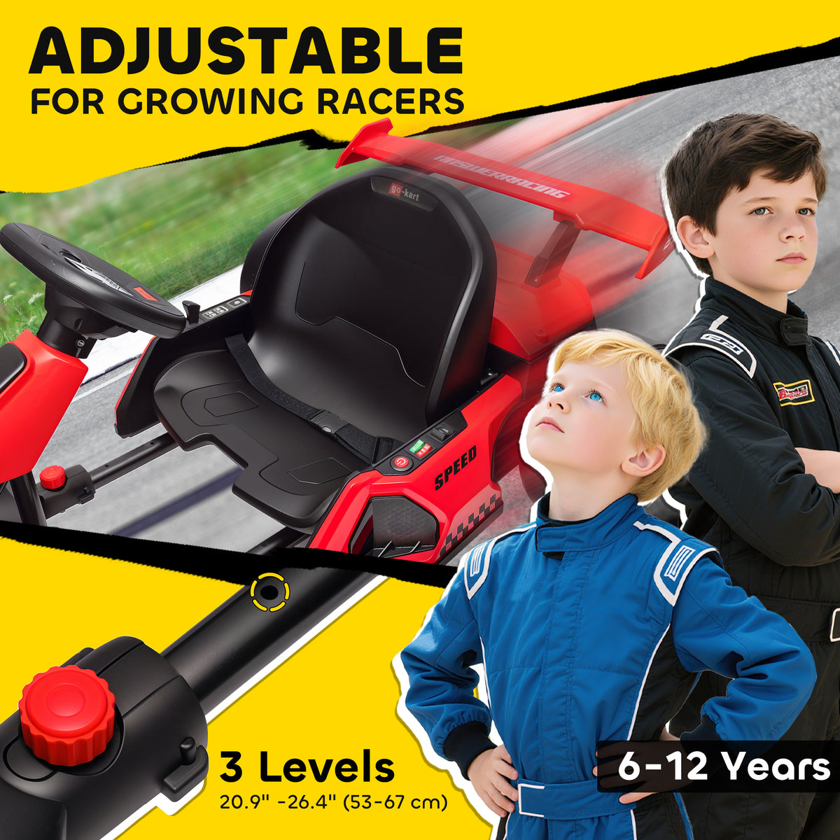 24V Electric Go Kart, Battery Powered Kids Drift Kart with Adjustable Seat, Seat Belt, Horn, Music, Light, Red-Toys & Games > Baby & Toddler Toys > Riding & Rocking Toys > Pedal Go Karts for Kids-DECOROLALA