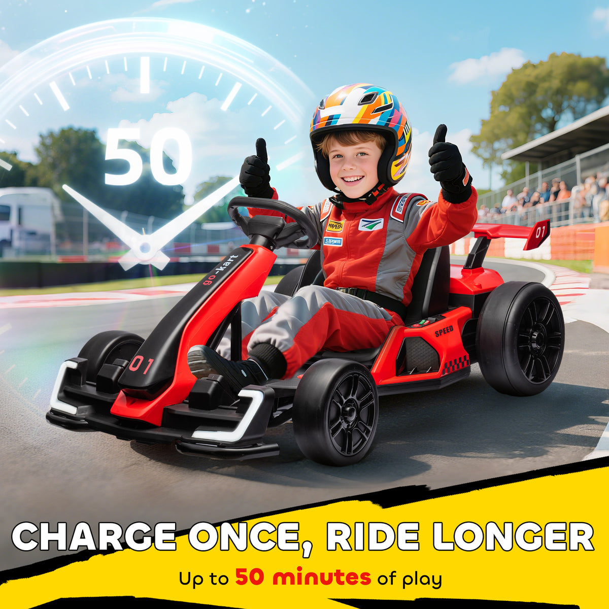 24V Electric Go Kart, Battery Powered Kids Drift Kart with Adjustable Seat, Seat Belt, Horn, Music, Light, Red-Toys & Games > Baby & Toddler Toys > Riding & Rocking Toys > Pedal Go Karts for Kids-DECOROLALA