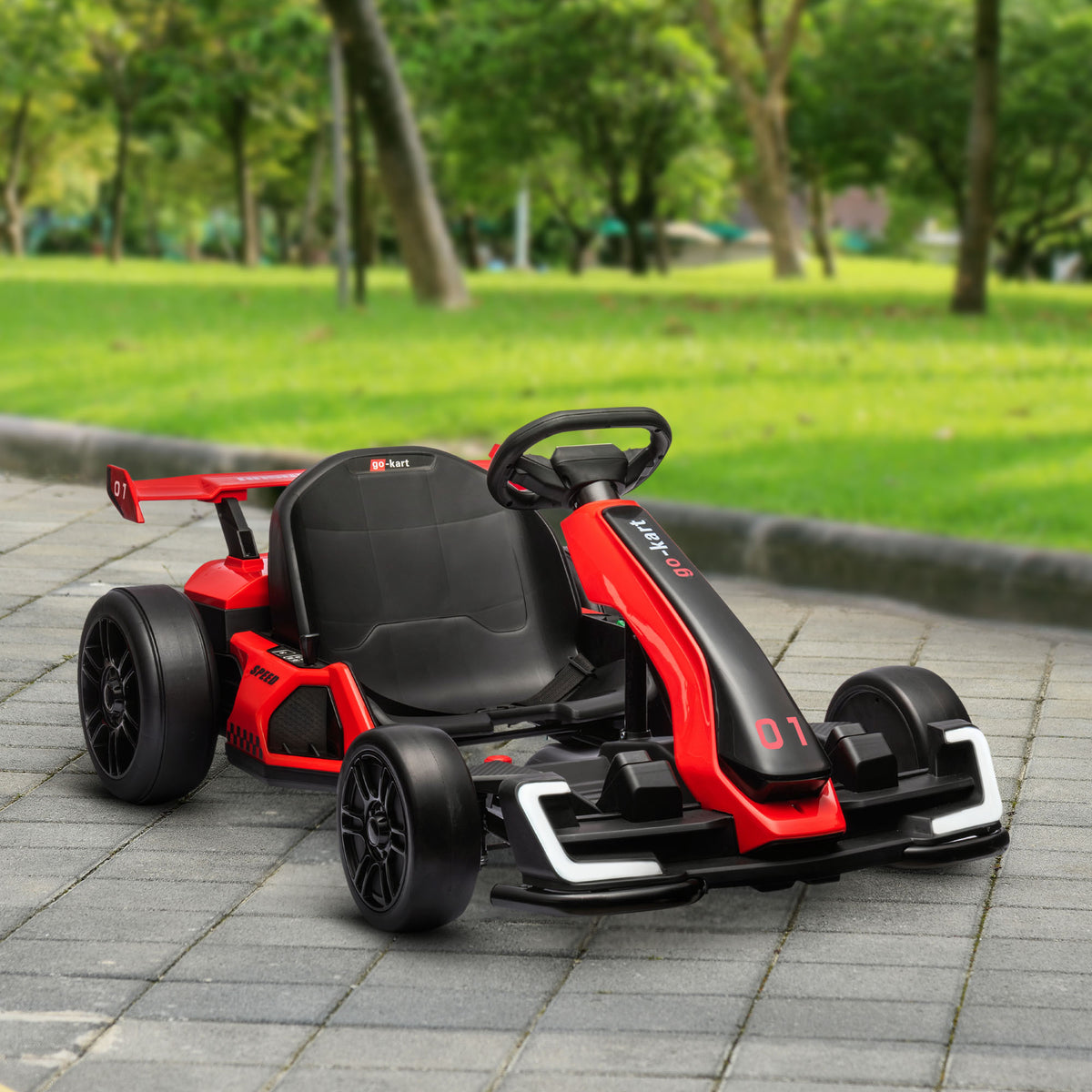 24V Electric Go Kart, Battery Powered Kids Drift Kart with Adjustable Seat, Seat Belt, Horn, Music, Light, Red-Toys & Games > Baby & Toddler Toys > Riding & Rocking Toys > Pedal Go Karts for Kids-DECOROLALA