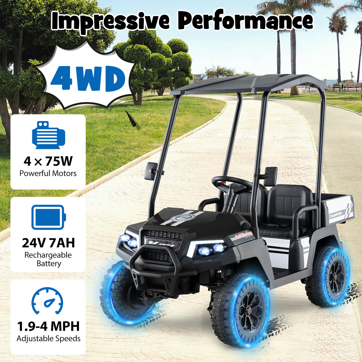 24V 2-Seater Kids Ride-On Golf Cart, 4WD Electric Car with Remote