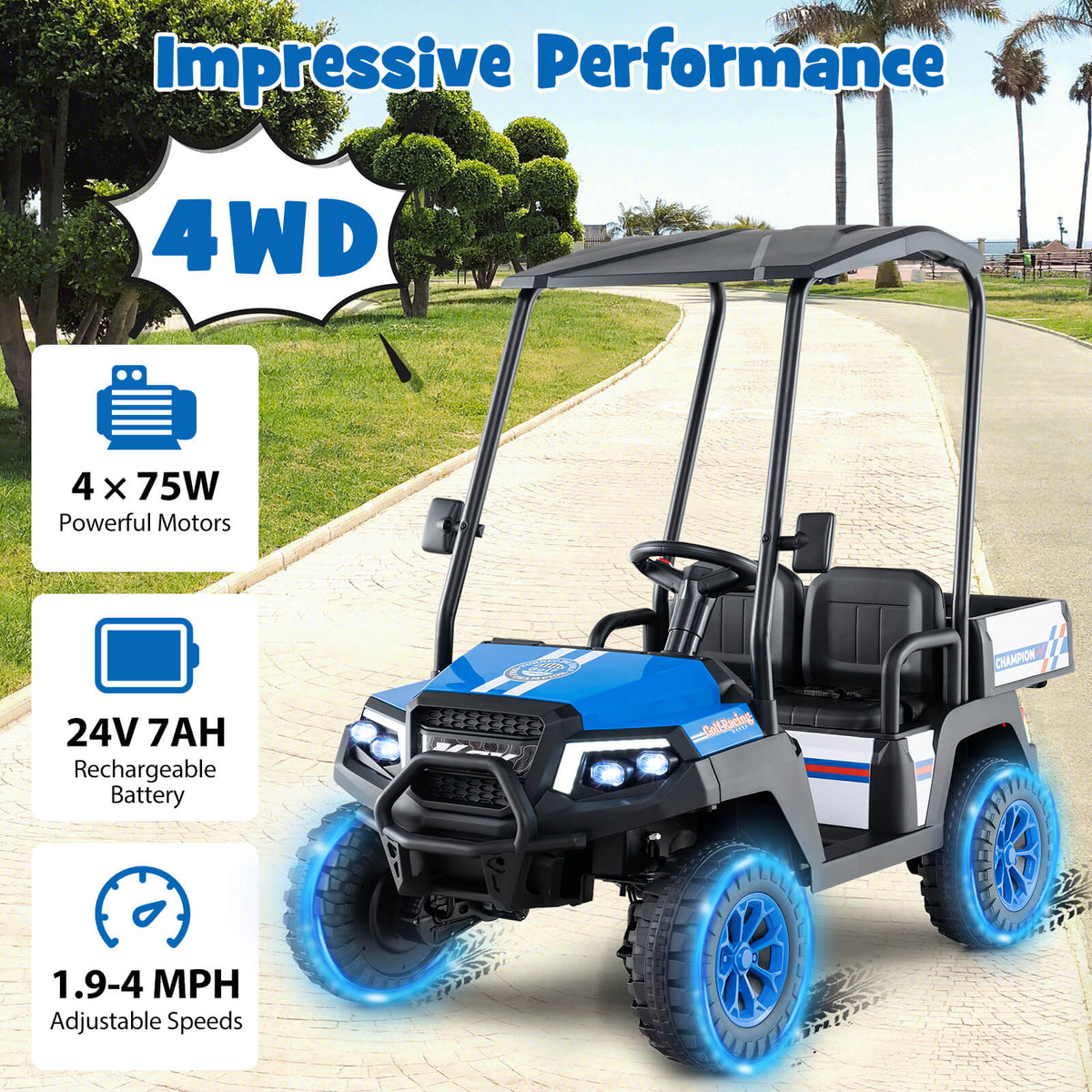 24V 2-Seater Kids Ride-On Golf Cart, 4WD Electric Car with Remote
