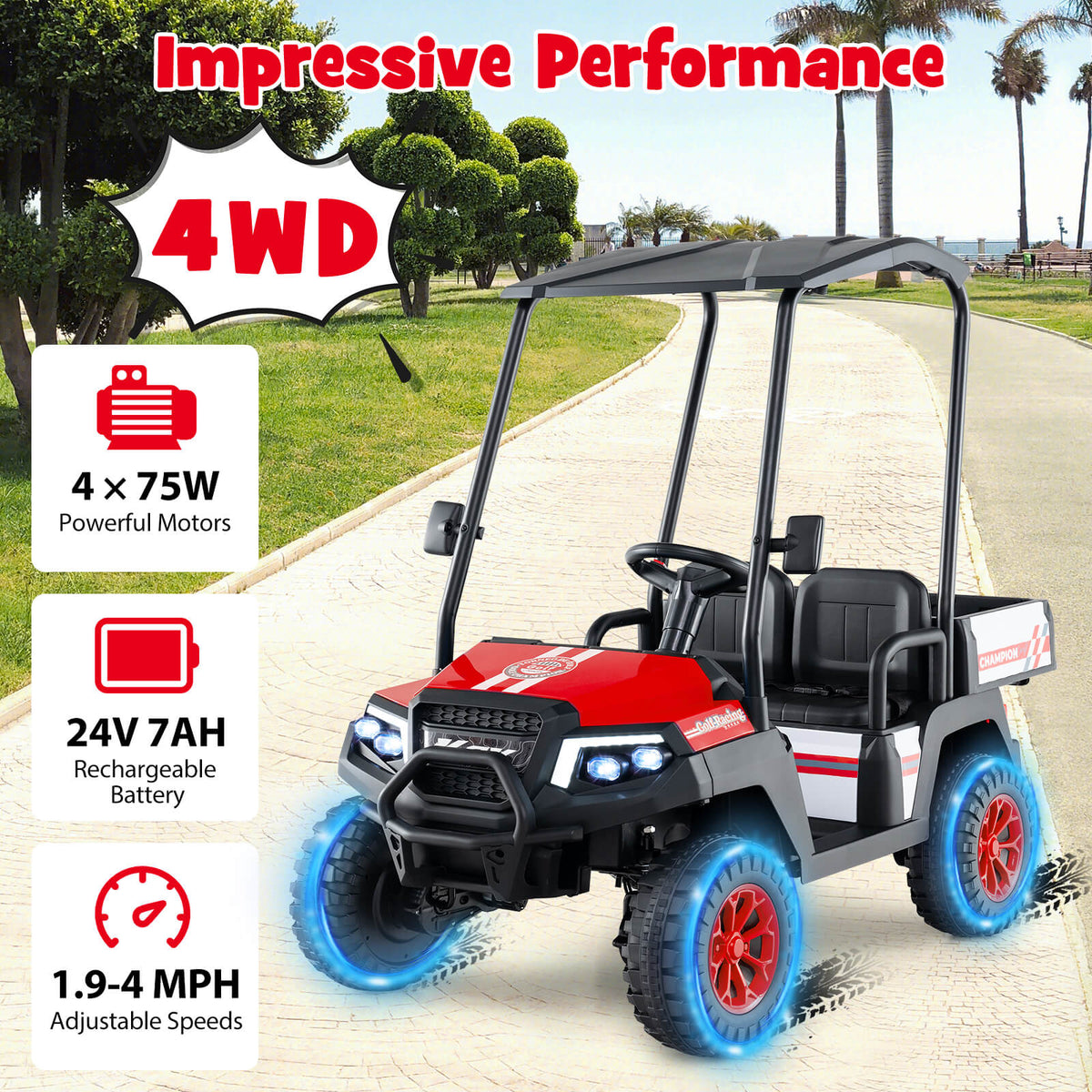 24V 2-Seater Kids Ride-On Golf Cart, 4WD Electric Car with Remote