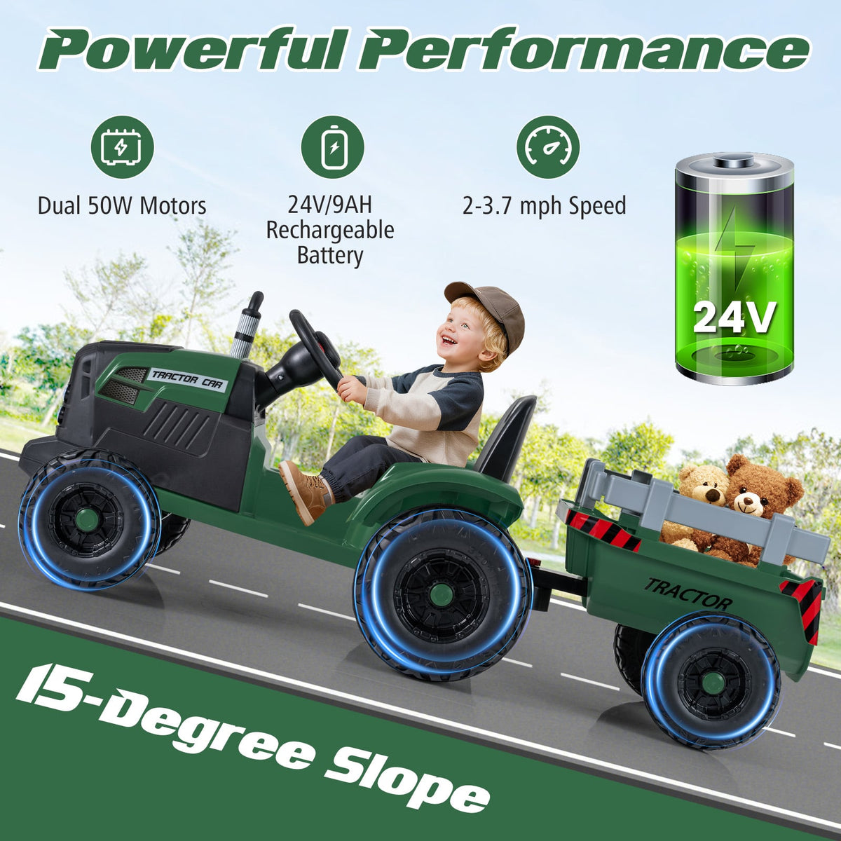 24V Kids Ride-On Tractor with Detachable Trailer and Remote Control