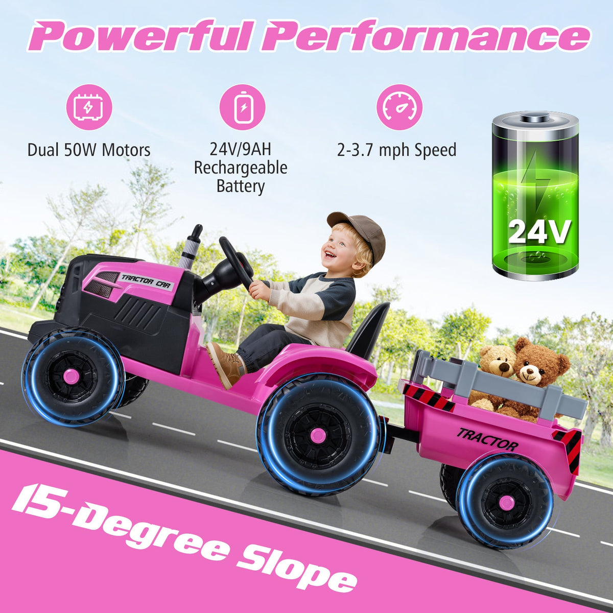 24V Kids Ride-On Tractor with Detachable Trailer and Remote Control