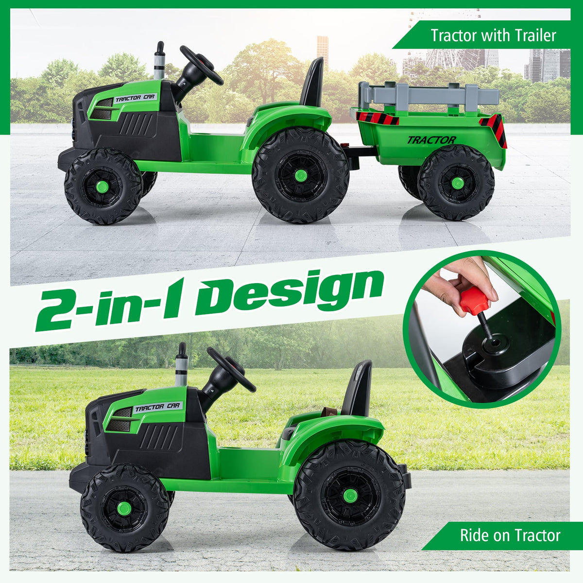 24V Kids Ride-On Tractor with Detachable Trailer and Remote Control
