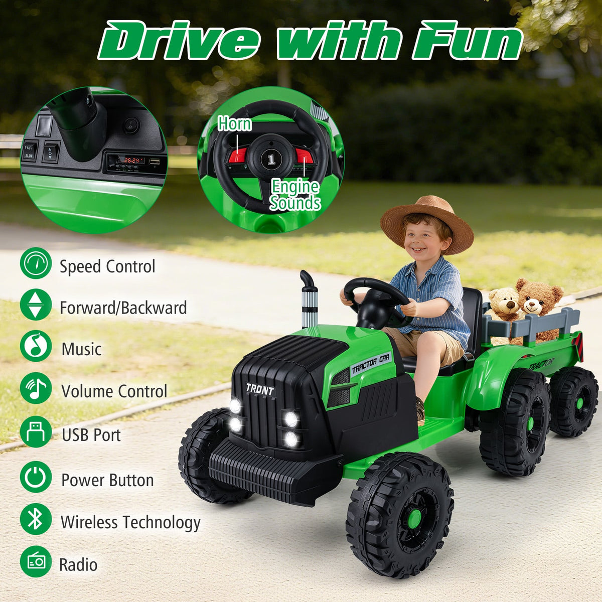 24V Kids Ride-On Tractor with Detachable Trailer and Remote Control