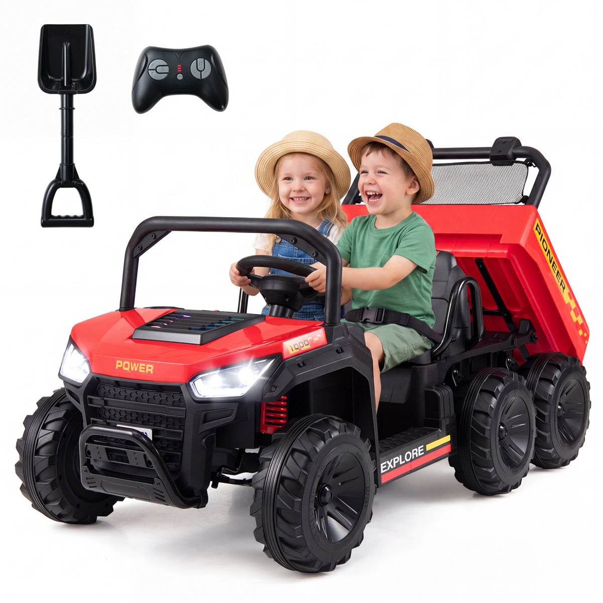 24V 2-Seater Kids Ride On Dump Truck, 4WD with Electric Dump Bed