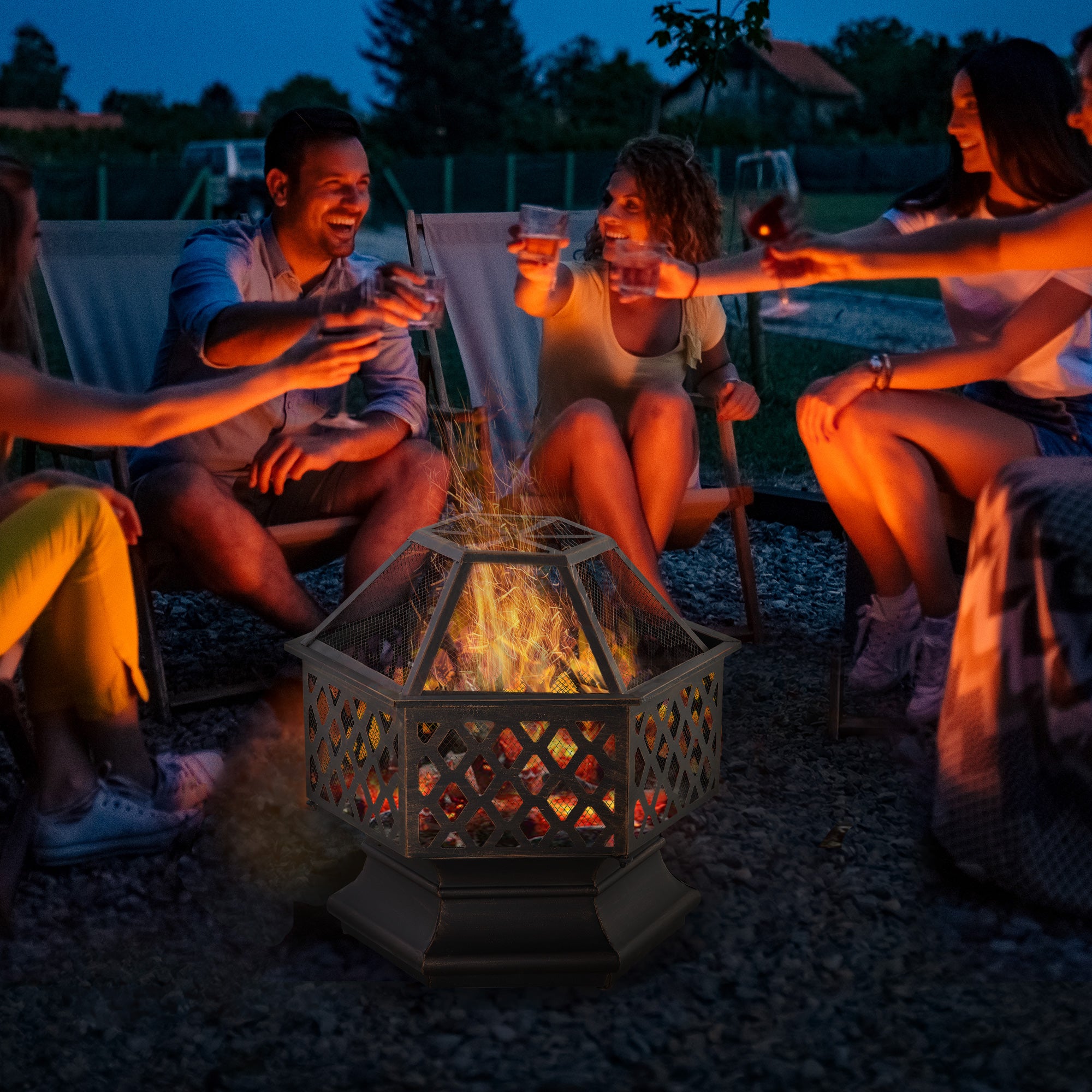 24.5" Hexagonal Outdoor Wood Burning Fire Pit - Bronze-Patio & Garden > Fire Pits-DECOROLALA