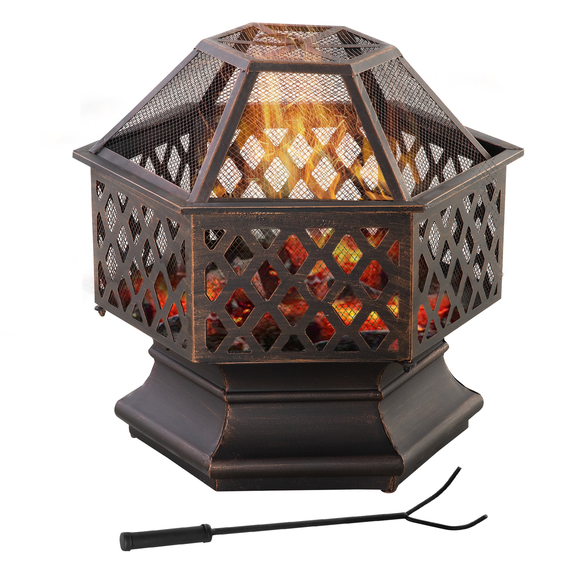 24.5" Hexagonal Outdoor Wood Burning Fire Pit - Bronze-Patio & Garden > Fire Pits-DECOROLALA