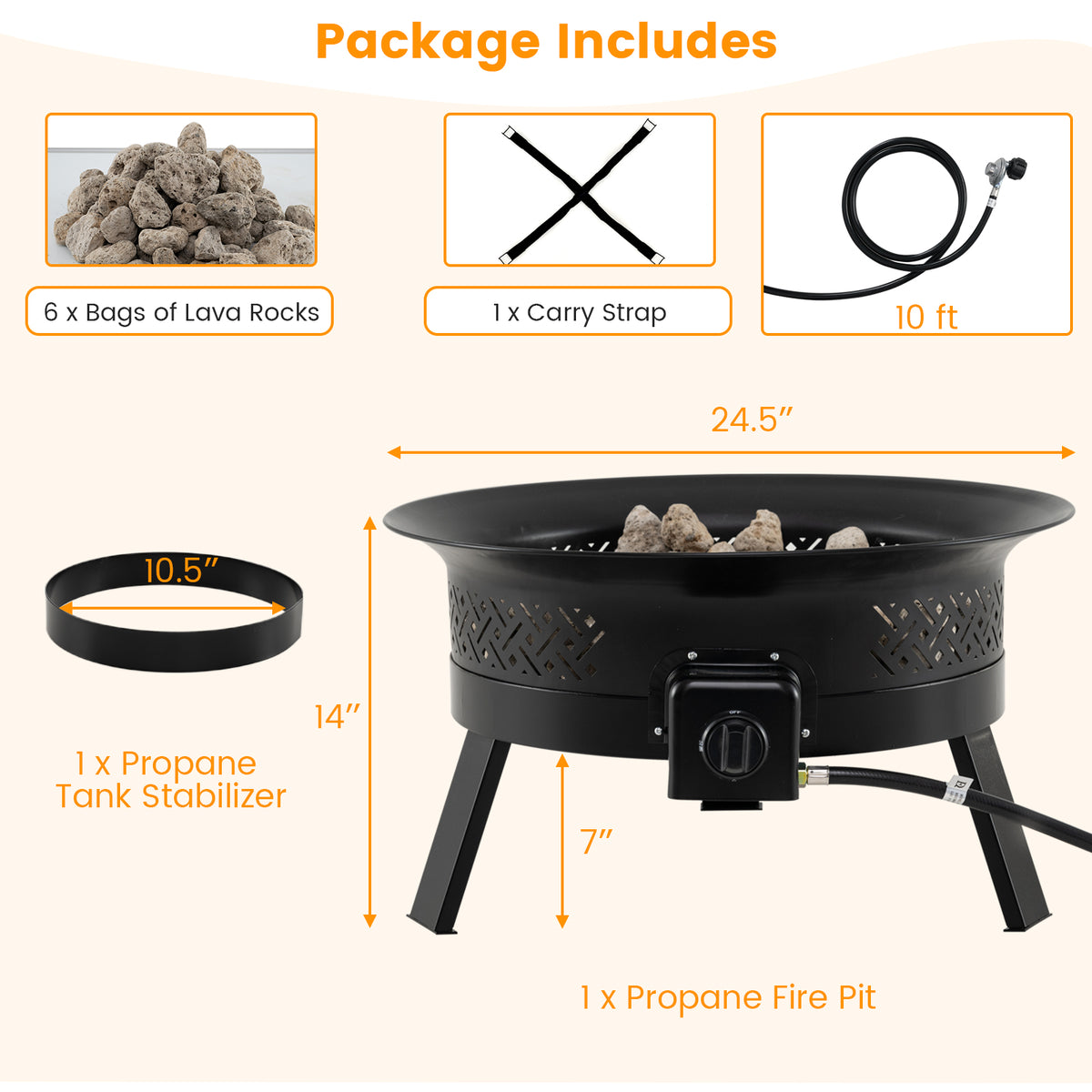24.5 Inch Portable Propane Fire Pit with Carry Strap and Folding Legs-Fire Pit Tables-DECOROLALA