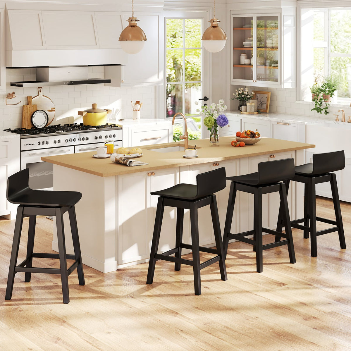 24.5 Inch Swivel Wooden Bar Stools Set of 4 with Rubber Wood Legs and Low Back-Black-Bar Stools-DECOROLALA