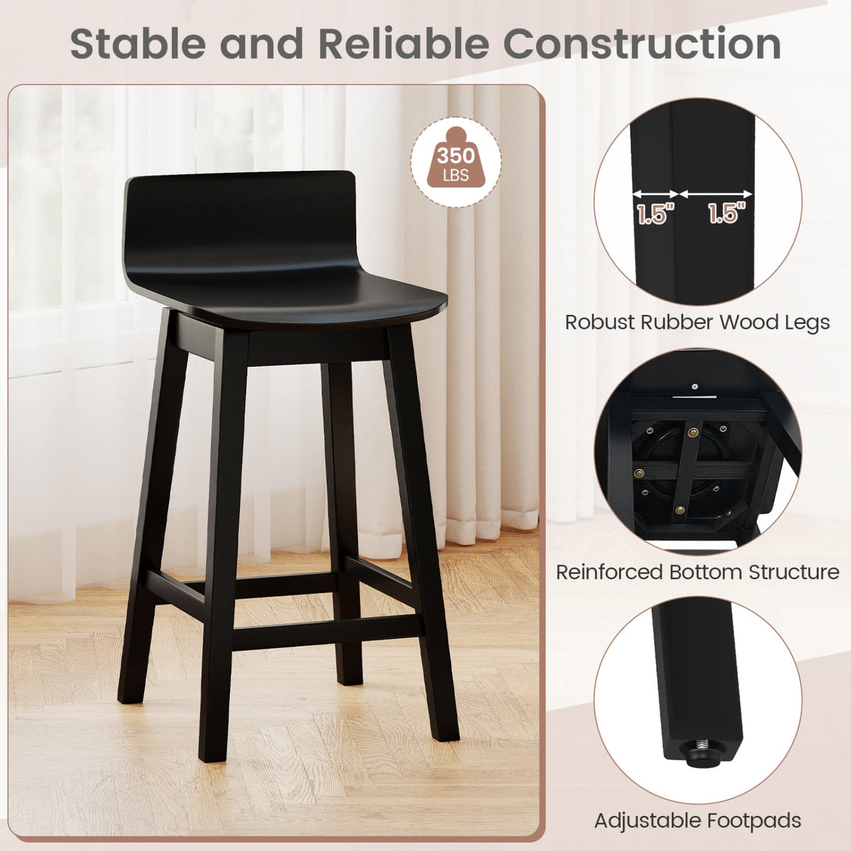 24.5 Inch Swivel Wooden Bar Stools Set of 4 with Rubber Wood Legs and Low Back-Black-Bar Stools-DECOROLALA