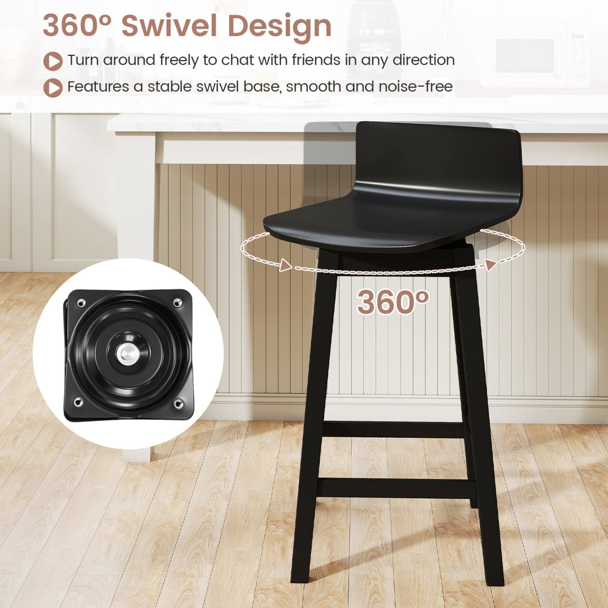 24.5 Inch Swivel Wooden Bar Stools Set of 4 with Rubber Wood Legs and Low Back-Black-Bar Stools-DECOROLALA