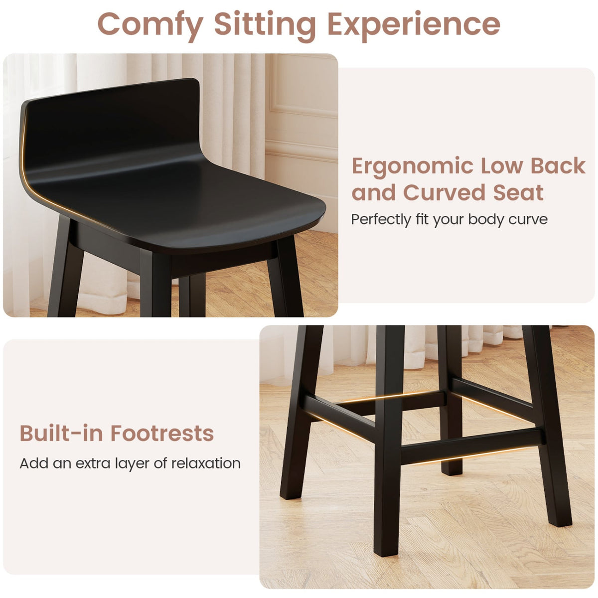 24.5 Inch Swivel Wooden Bar Stools Set of 4 with Rubber Wood Legs and Low Back-Black-Bar Stools-DECOROLALA