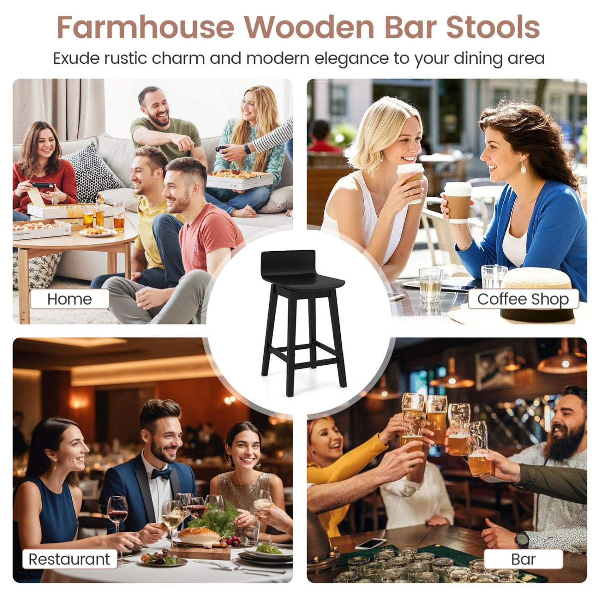 24.5 Inch Swivel Wooden Bar Stools Set of 4 with Rubber Wood Legs and Low Back-Black-Bar Stools-DECOROLALA