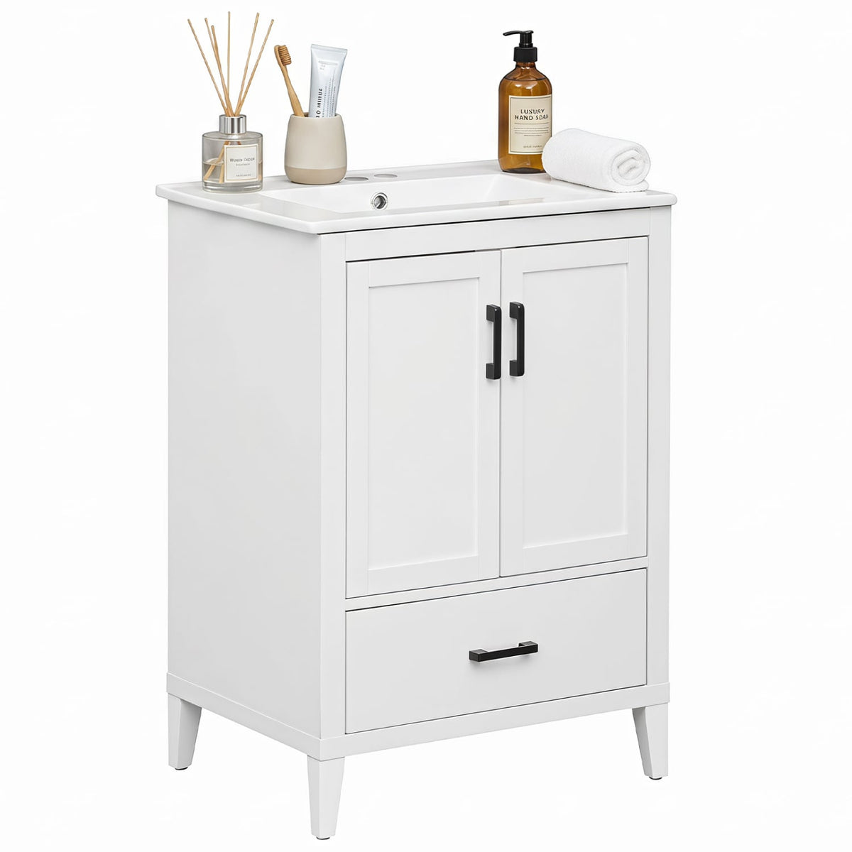 24.5" Modern Bathroom Vanity with Ceramic Sink & Drawer - White-Floor Cabinets-DECOROLALA