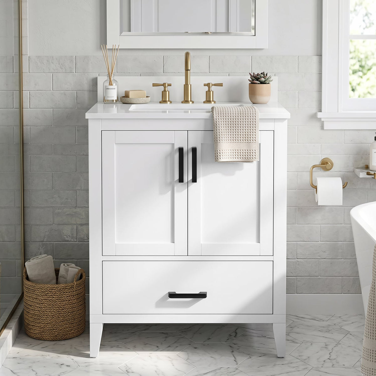 24.5" Modern Bathroom Vanity with Ceramic Sink & Drawer - White-Floor Cabinets-DECOROLALA