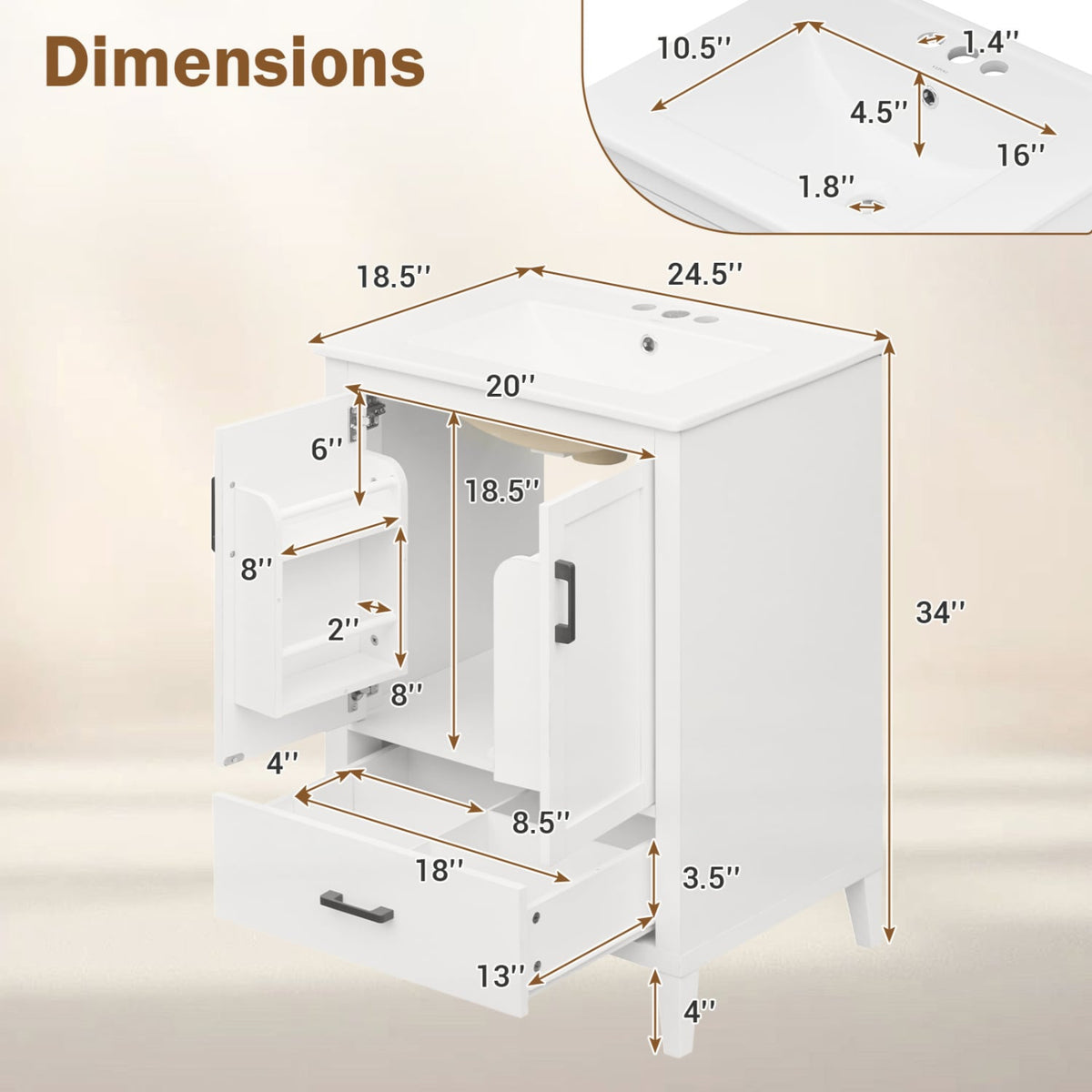 24.5" Modern Bathroom Vanity with Ceramic Sink & Drawer - White-Floor Cabinets-DECOROLALA