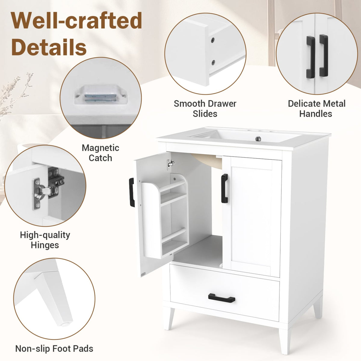24.5" Modern Bathroom Vanity with Ceramic Sink & Drawer - White-Floor Cabinets-DECOROLALA
