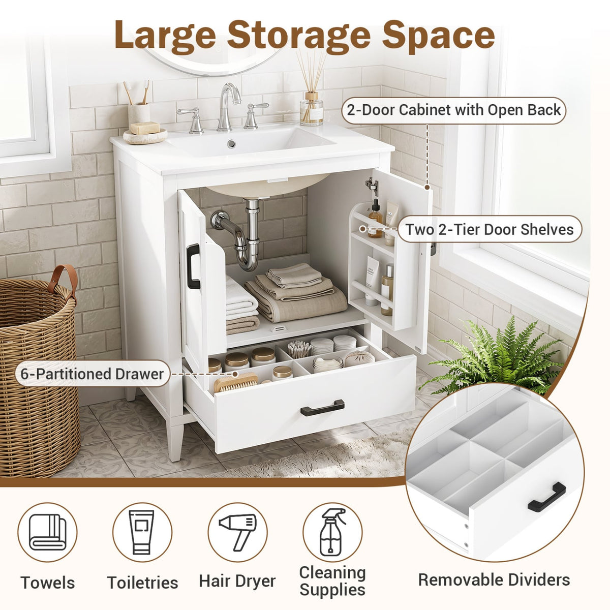 24.5" Modern Bathroom Vanity with Ceramic Sink & Drawer - White-Floor Cabinets-DECOROLALA
