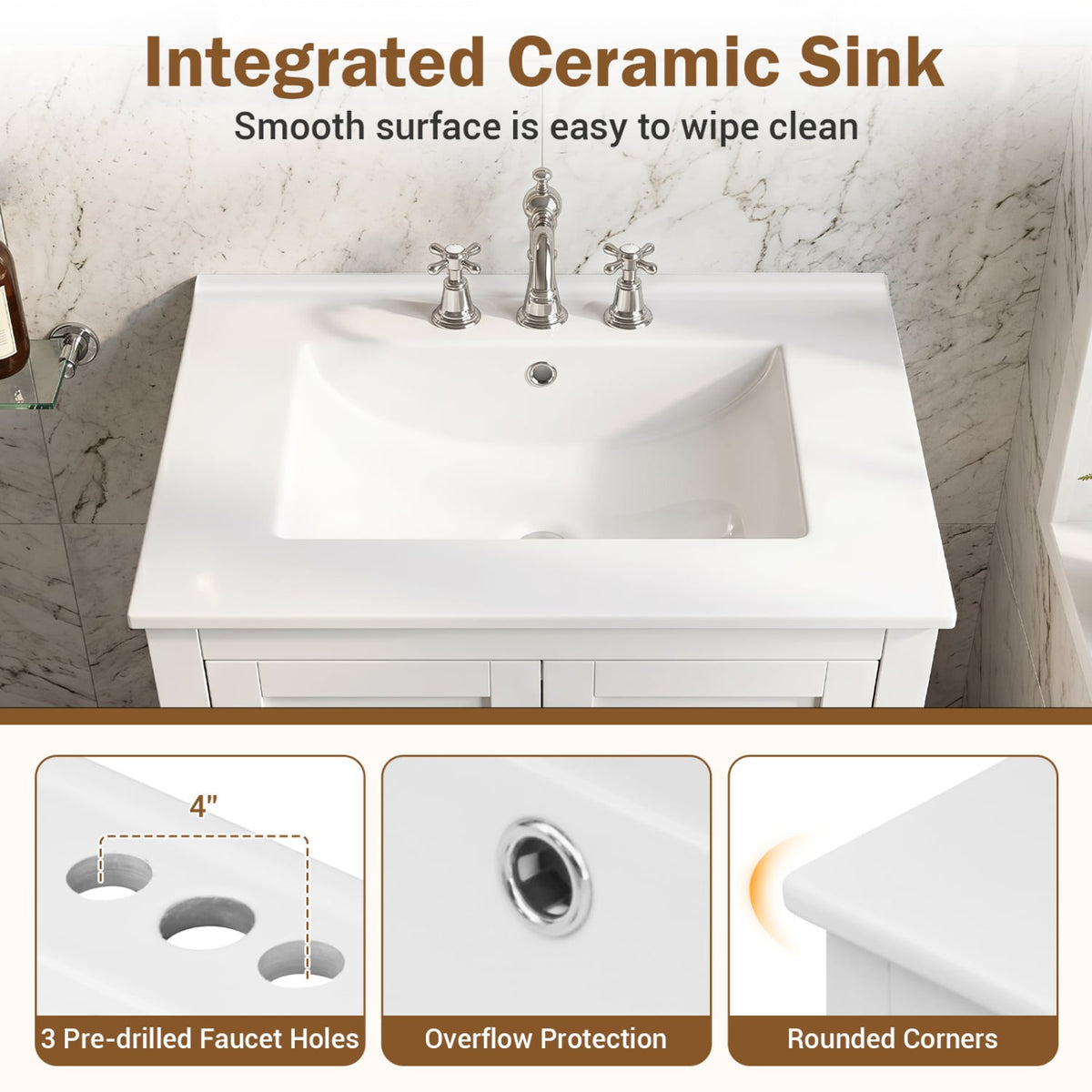 24.5" Modern Bathroom Vanity with Ceramic Sink & Drawer - White-Floor Cabinets-DECOROLALA