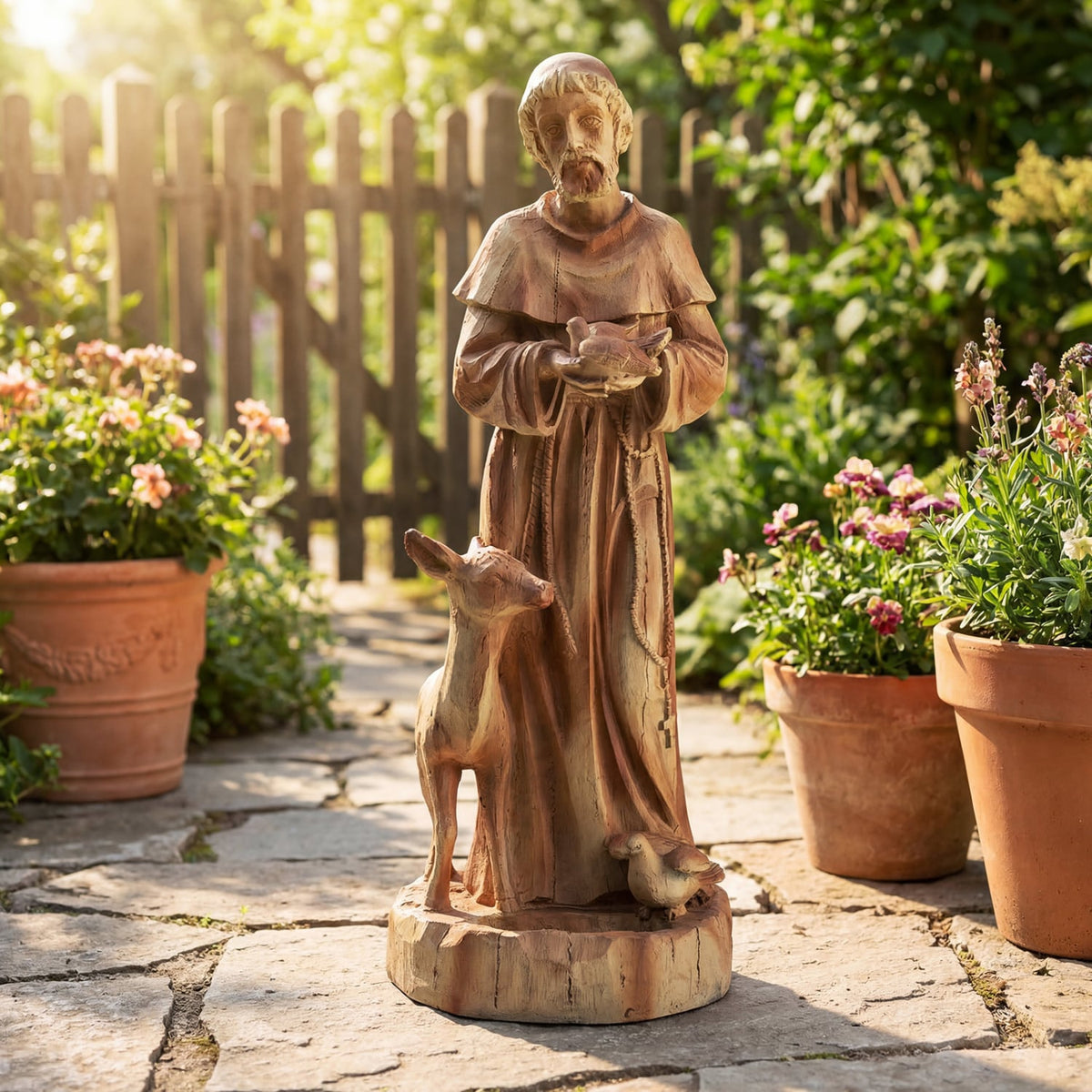 24.5 inch St. Francis Statue with Bird Feeder Saint Francis of Assisi with Animals Sculpture-Rustic Brown-Outdoor Decor-DECOROLALA