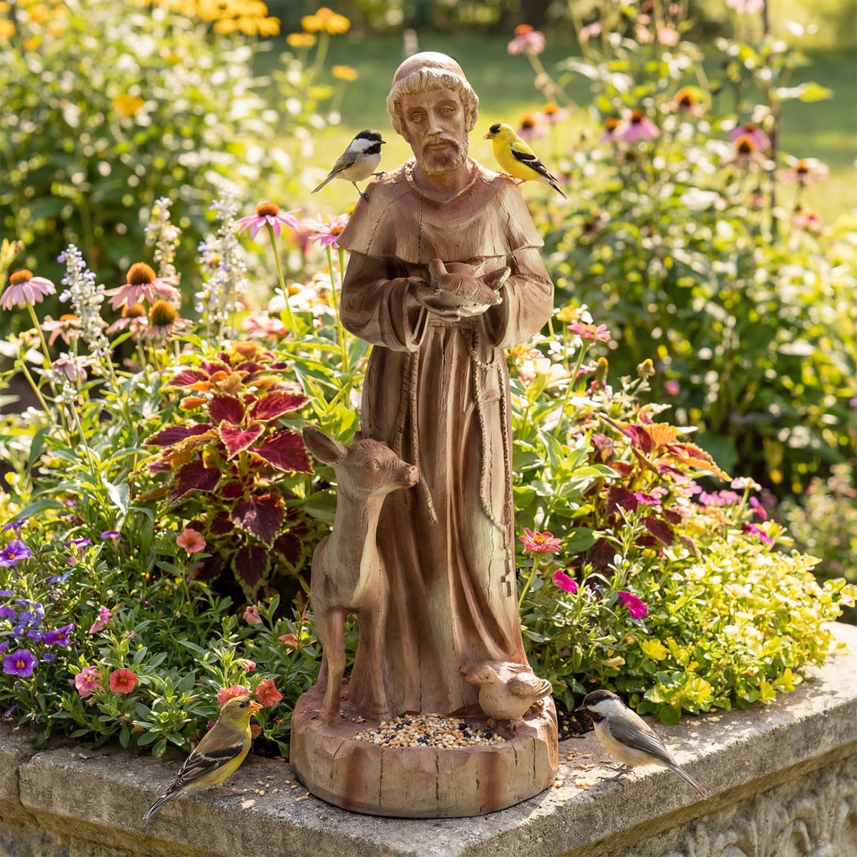 24.5 inch St. Francis Statue with Bird Feeder Saint Francis of Assisi with Animals Sculpture-Rustic Brown-Outdoor Decor-DECOROLALA