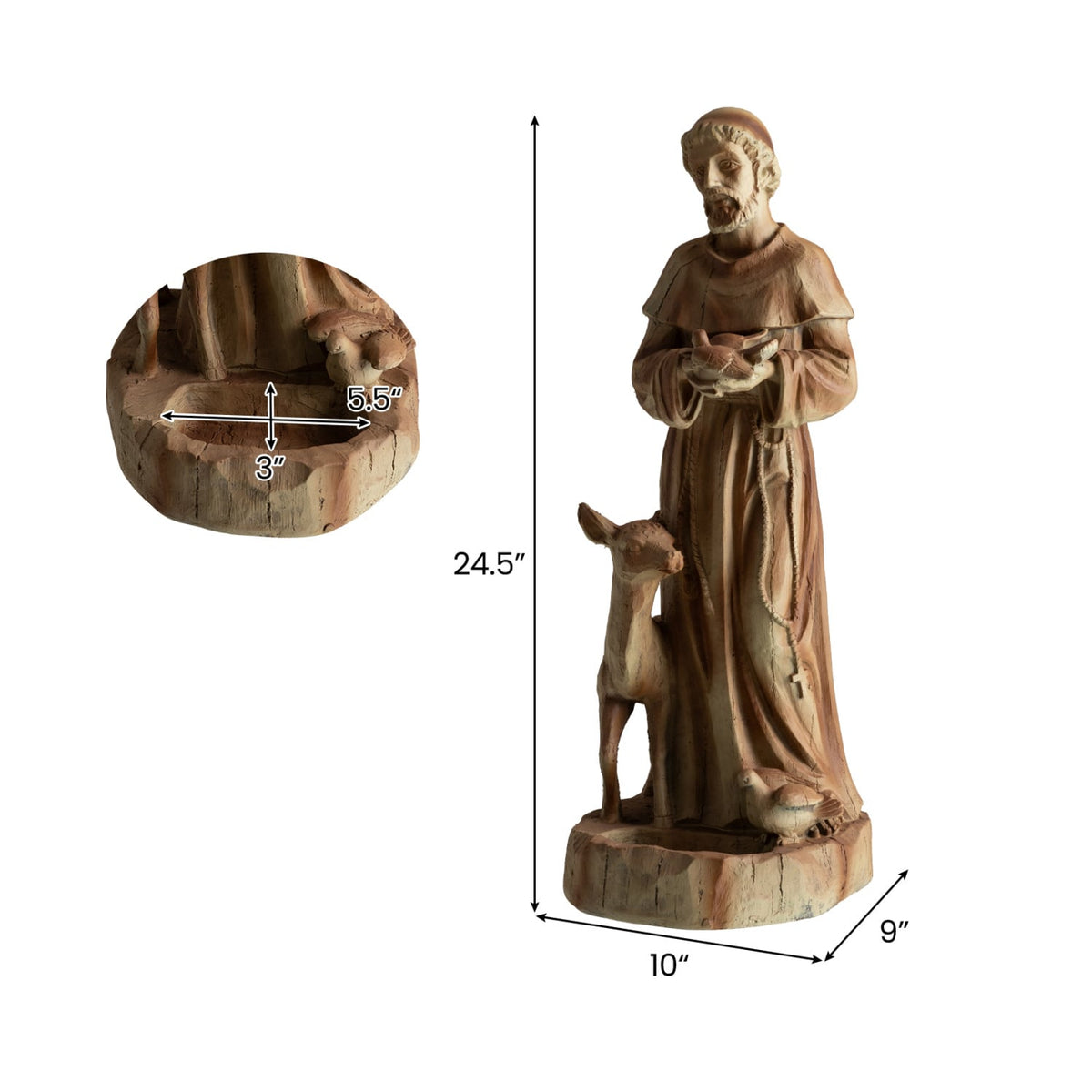 24.5 inch St. Francis Statue with Bird Feeder Saint Francis of Assisi with Animals Sculpture-Rustic Brown-Outdoor Decor-DECOROLALA