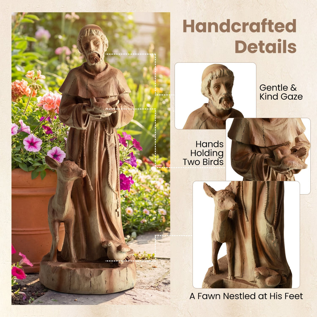 24.5 inch St. Francis Statue with Bird Feeder Saint Francis of Assisi with Animals Sculpture-Rustic Brown-Outdoor Decor-DECOROLALA
