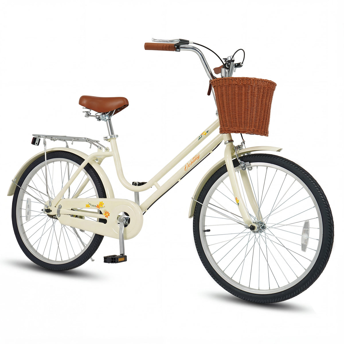 Vélo cruiser de plage pour femmes avec panier tressé et porte-bagages arrière
