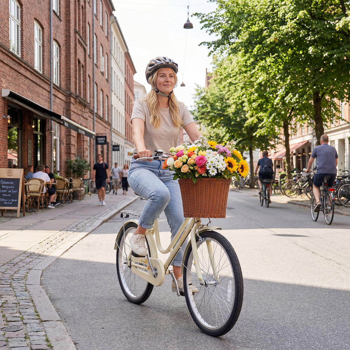 Vélo cruiser de plage pour femmes avec panier tressé et porte-bagages arrière